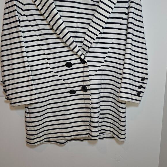Women's Striped Cotton Blazer Size M Black White 3/4 Sleeves Preppy France - Picture 3 of 8